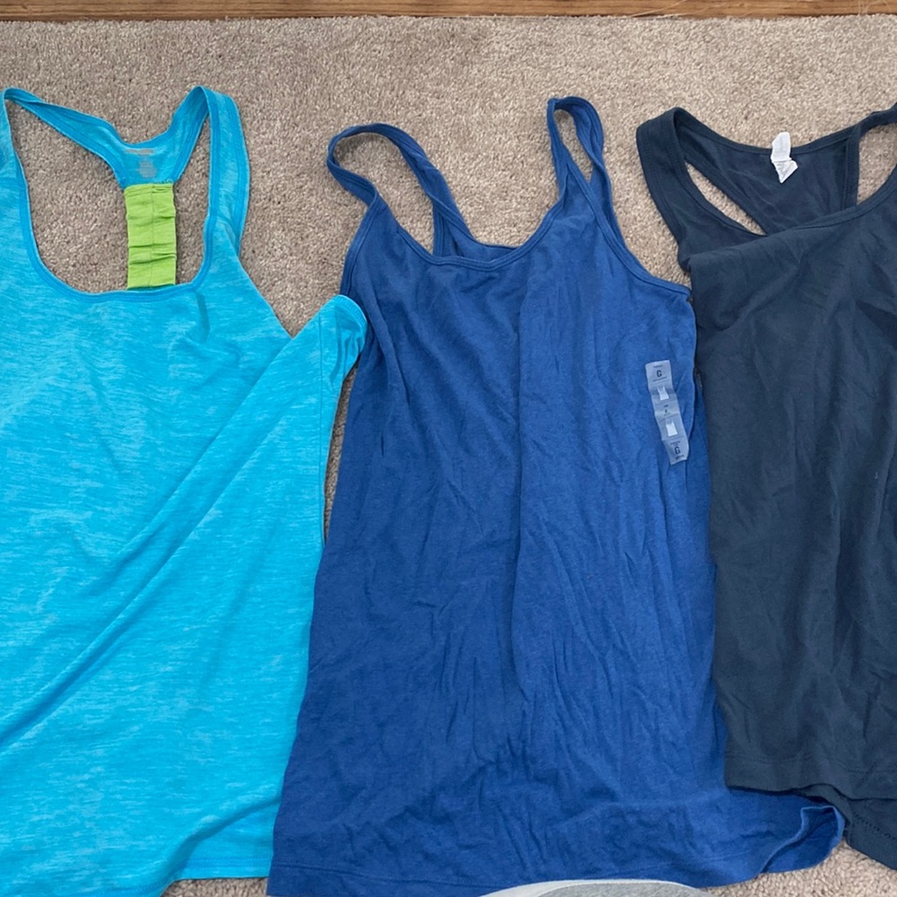 LOT 3 tank tops Size large assorted blue colors 2 razor backs one new with tag